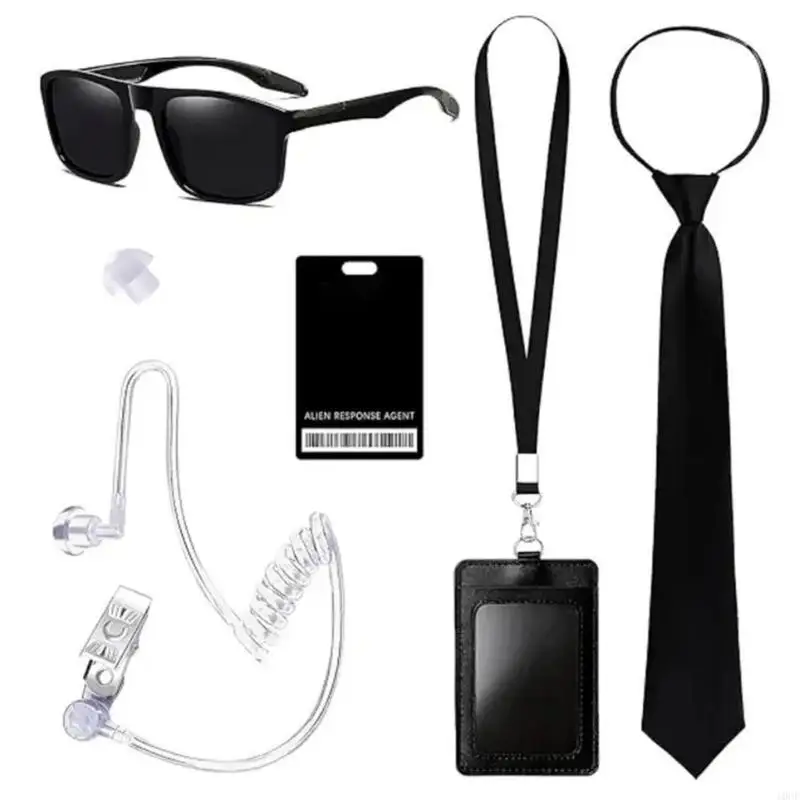 Geheime Agent -Outfits wie schwarze Gläser Ohrhörer und Halskrawatte für erwachsene Kinder – Detail 7