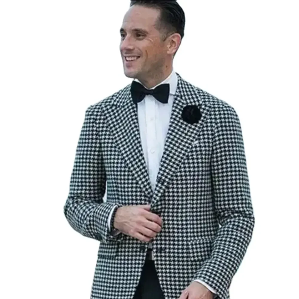 Black and White Checkered Jacket for Men Single Button One Piece Male Outerwear Smart Party Business Gentleman Coat
