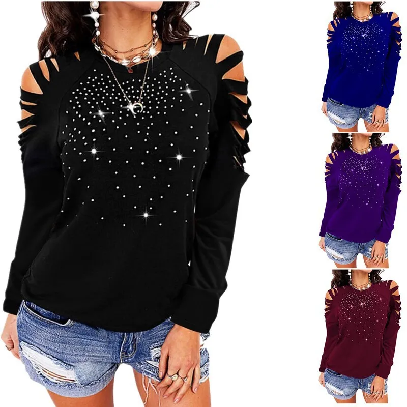 

Autumn and Winter 2023 New Women's Round Neck Hot Drilling Hollow Long Sleeved Off Shoulder T-shirt Top Female and Lady Casual