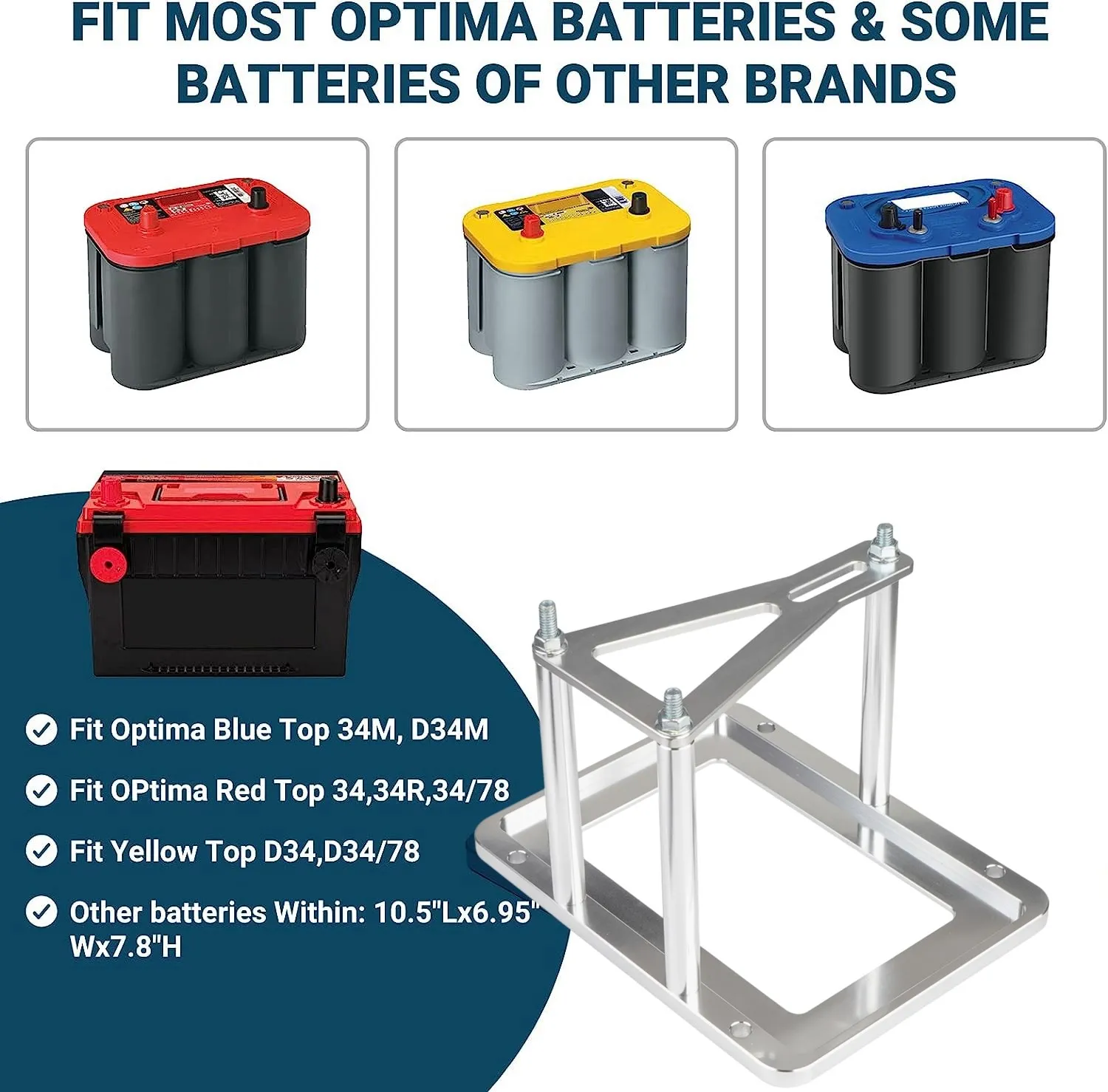 Suporte de bateria de alumínio compatível com Optima Azul Vermelho Amarelo Baterias 34M D34M 34/78 D34 D34/78 D34/78 Bandeja de bateria