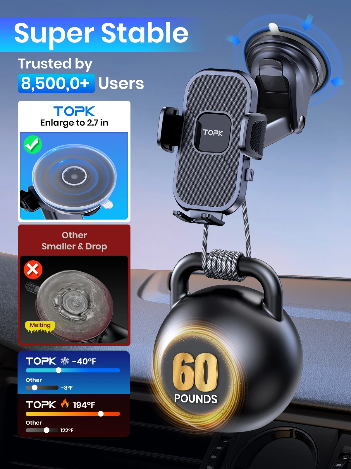 TOPK D38-X 차량용 휴대폰 홀더, 조절 가능한 차량용 휴대폰 마운트 크래들 360 ° 자동차 대시보드/앞유리용 회전 강력한 접착 젤 패드