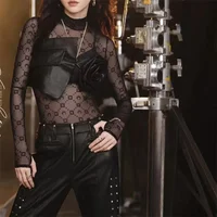 See Through Brand Women Tops Tulle Mesh Versatile Long Sleeve Moon Flocked Shirt Casual Thin  Blouses Y2k Sexy Sheer Blusas 959P - Image 3