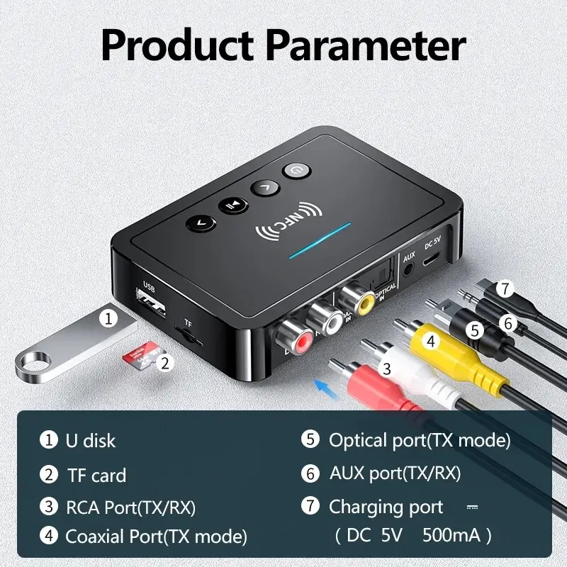 Bluetooth 5.0 Receiver Transmitter FM Stereo AUX 3.5mm Jack RCA Optical Handsfree Call NFC Wireless Audio Adapter TV Car Speaker