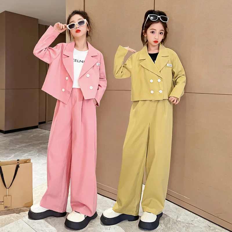 Teen Girls Blazer Set Autumn Leisure Solid Color Jacket Pants 2pcs Elegant  Child Wedding Suit Fashion Korean School Kids Clothes