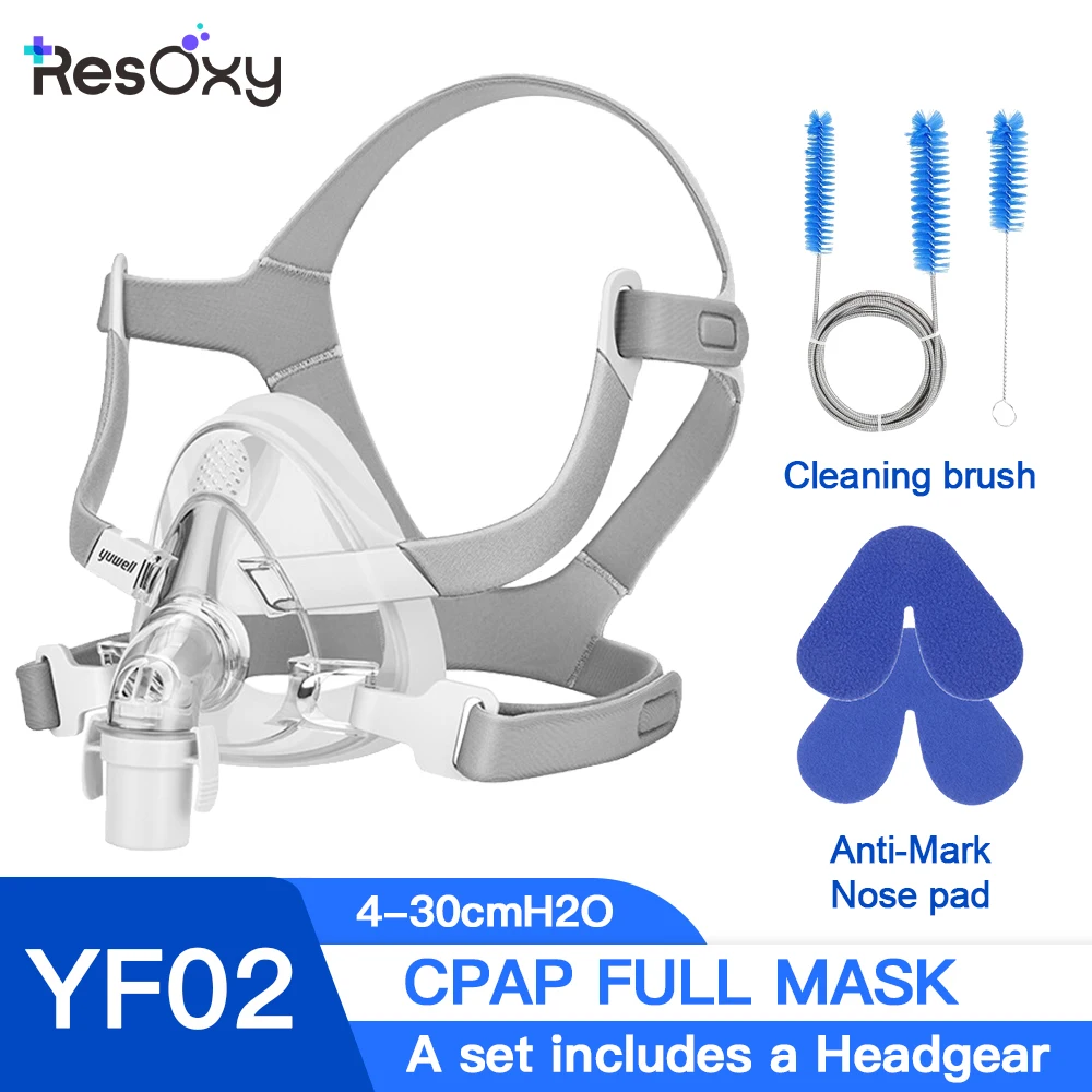 YuWell YF-02 CPAP-Maske, Vollgesichtsmaske mit Kopfbedeckung, Anti-Mark-Pad, saubere Bürste für CPAP/automatische Maschine, Schlafapnoe, Anti-Schnarchen