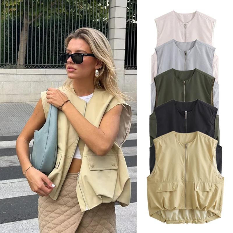

Taop&Za Women's 2024 Summer New Style Pocket Decorated Sleeveless Pleated Hem Vest Vest Women 7864/386