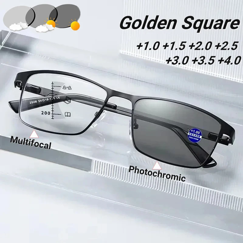 2025 Neue photochrome Lesebrille aus Metall, klassisch, quadratisch, Myopie, intelligenter Zoom, Anti-Blaulicht-Brille