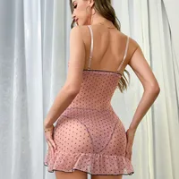 Summer Thin Translucent Sexy Pajamas Polka Dot Mesh Babydoll Strap V Neck Ruffle Hem Pajamas Sheer Nightdress Butterfly Knot - Image 5