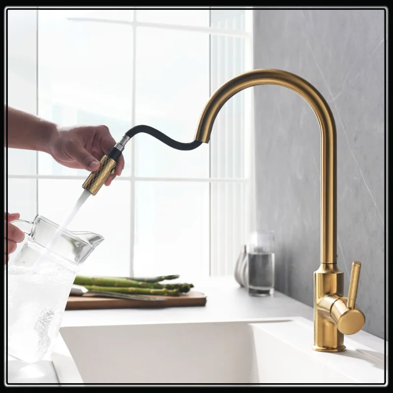

Brushed Gold Kitchen Gourmet Faucet Pull Out Sink Mixer Tap Brass Hot and Cold Pull Down Faucet Luxury Bathroom Basin Water Tap