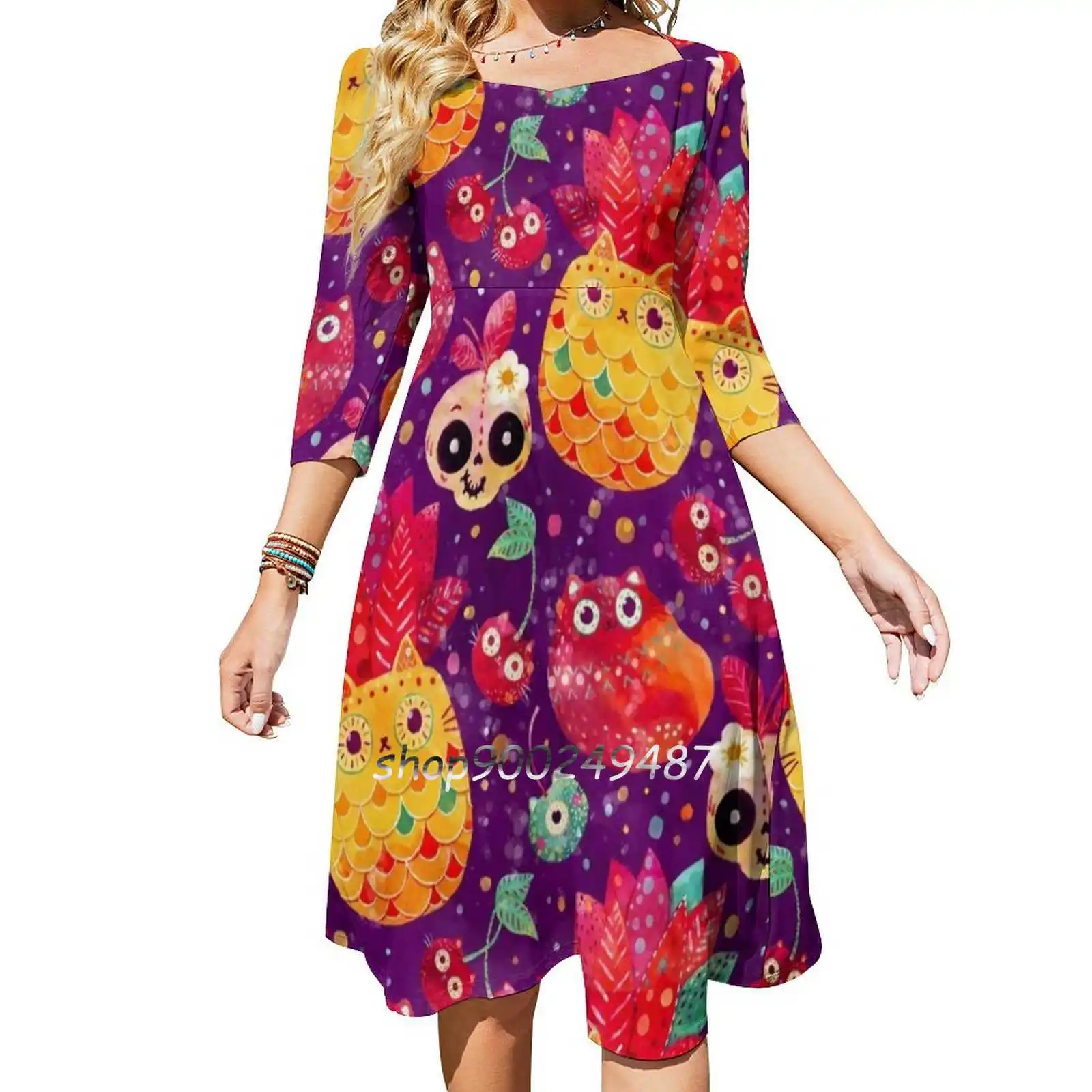 Messicano Tutti Frutti Sweetheart Knot Abito Svasato Fashion Design Abito Ampio Allentato Gatto Gatti Modello Frutti Estate Tropicale