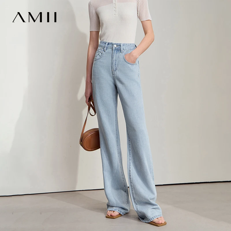Amii Minimalist New Summer Denim Long Pants for Women Light Denim Blue Lazy Straight Trousers Tube Lyocell Cotton Pants12542223