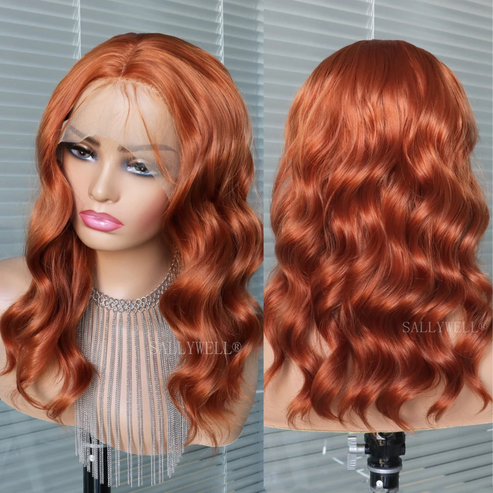 Ginger Orange 13*4 Lace Front Wigs Dark Orange Body Wave Synthetic Lace Front Wig for Women Pre Plucked Hairline Wig 14 Inch