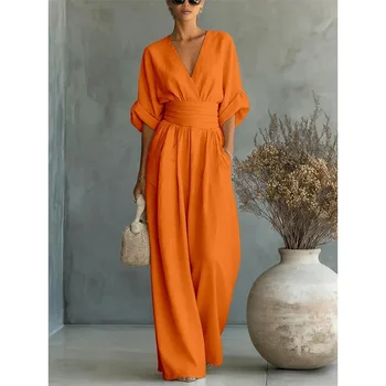Women's Jumpsuit Fashion High Waist V-neck Casual Jumpsuits Sexy  Solid Color Office Wide Leg Trousers Overalls Vacation Outfit 1