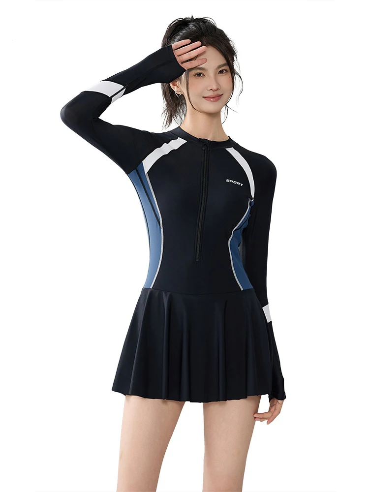 Large Size Swimwear Women One Piece Swimsuit Long Sleeve Front Zipper Swimming Suit Beachwear Bathing Suit 5XL