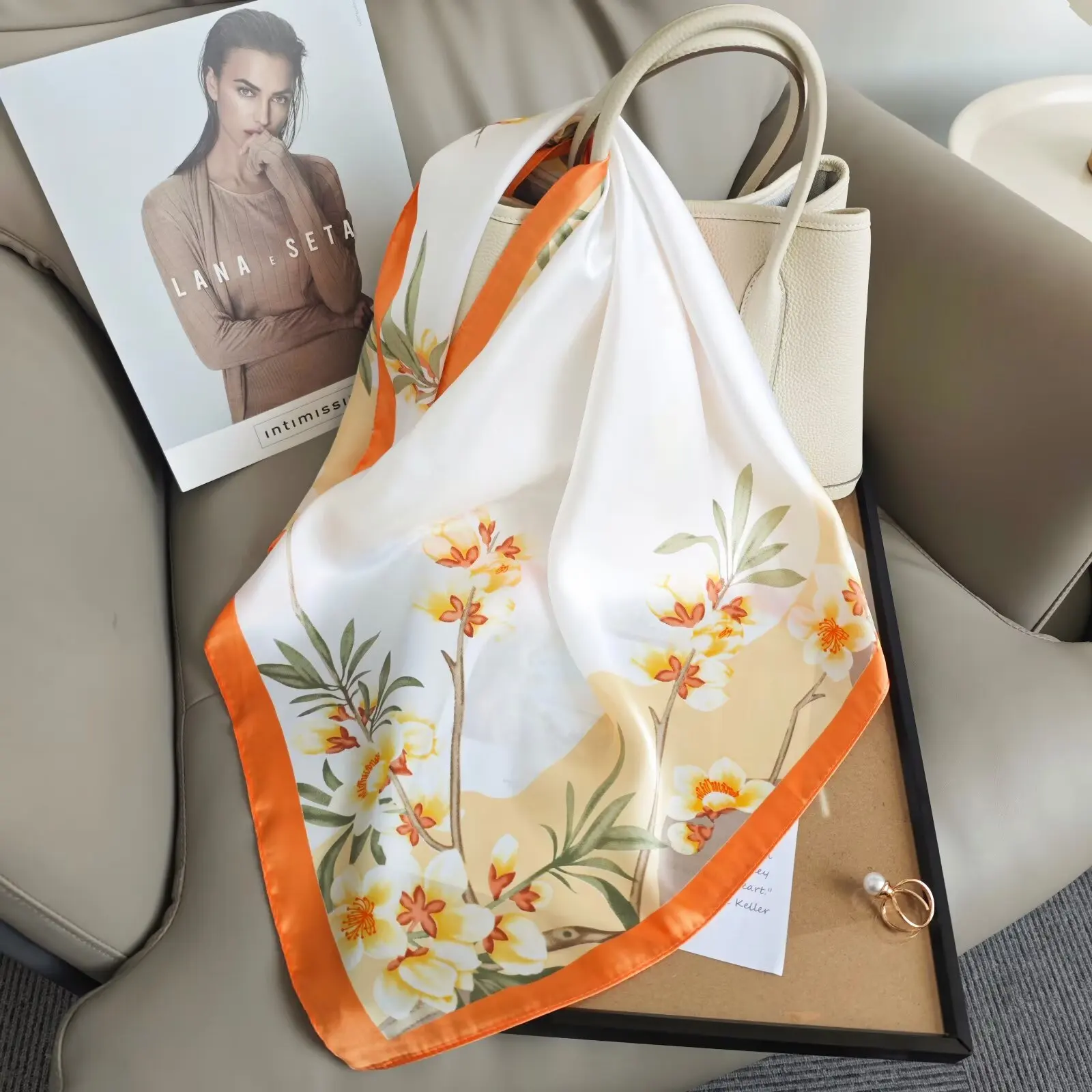 Luxury Design Print Silk Square Scarf Women Soft Satin Horse Hairband Neckerchief Office Hijab Headband Foulard Bag Ribbons Gift