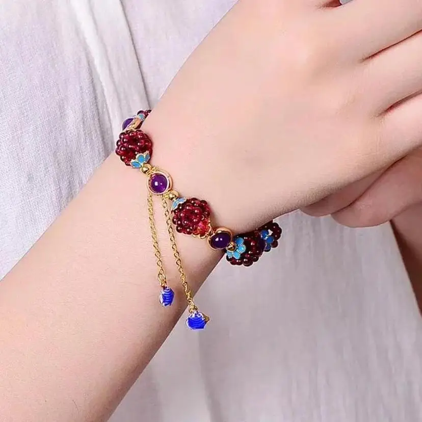 1Pcs Natural Garnet Bracelet With Multiple Circles Fashionable Pomegranate Jewelry Stone Grape Tourmaline Weaving Exquisite Ball