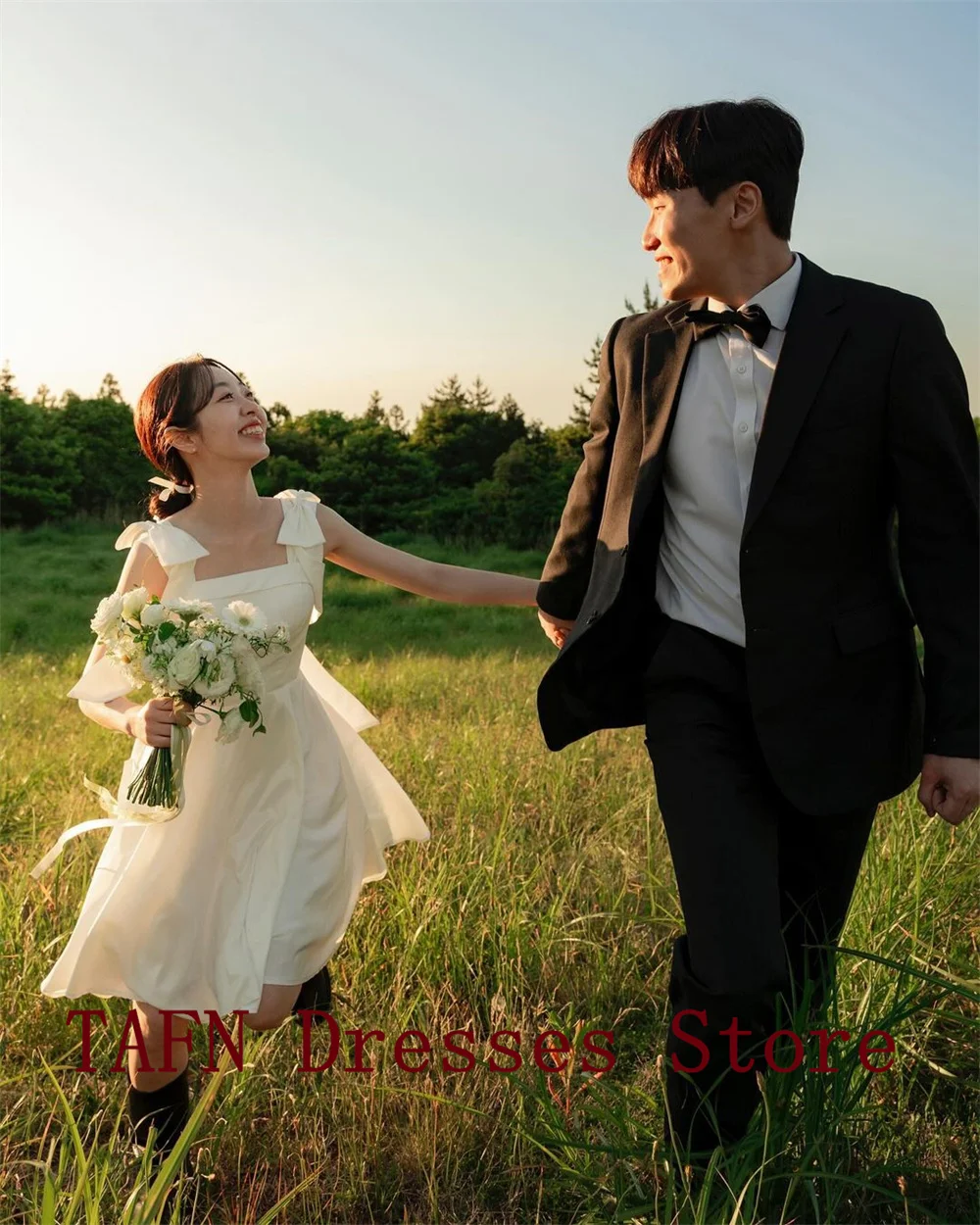 TAFN A-line Lovely Short Wedding Shooting Dresses Adjustable Shoulder Straps Square Collar Simple Korea Bridal Gown Customized