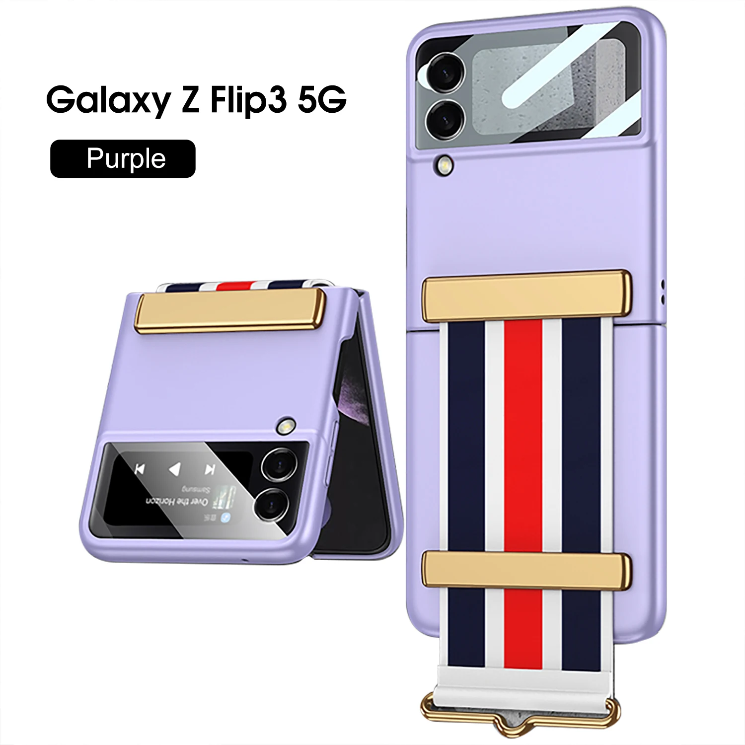 Case with Strap for Z Flip 3 Holder PC Case for Samsung Z Flip 3 Film Phone Cover All-in-one Solid Color Mobile Protective Shell samsung cute phone cover Cases For Samsung