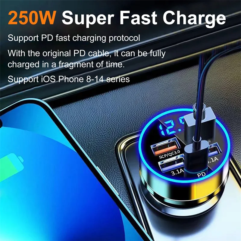

5 Ports LED Car Charger 250W Fast Charging Adapter Type C PD Mini Car Phone Charger For iphone Samsung Huawei Xiaomi
