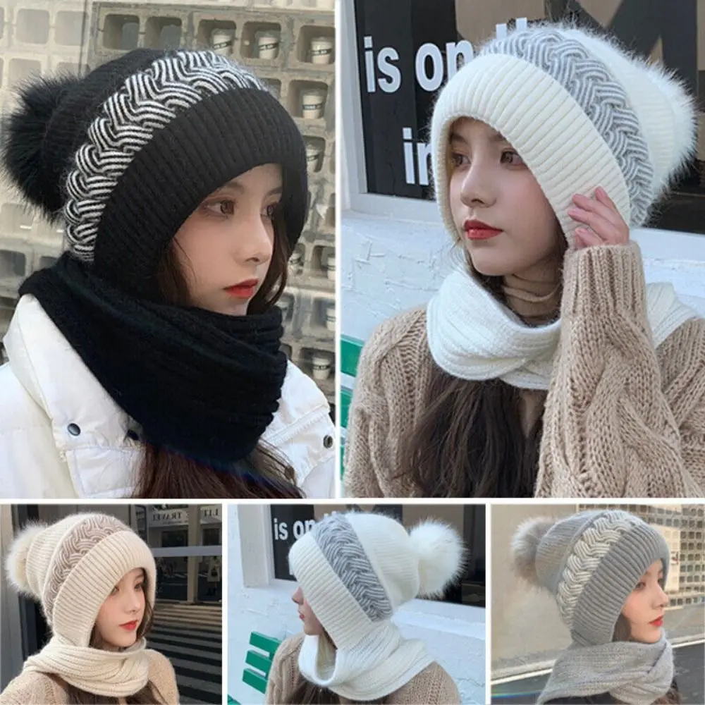 

Windproof Integrated Cap Scarf Winter Knitted Warm Beanie Hat Scarf Casual Thickening Ear Protection Cap Women