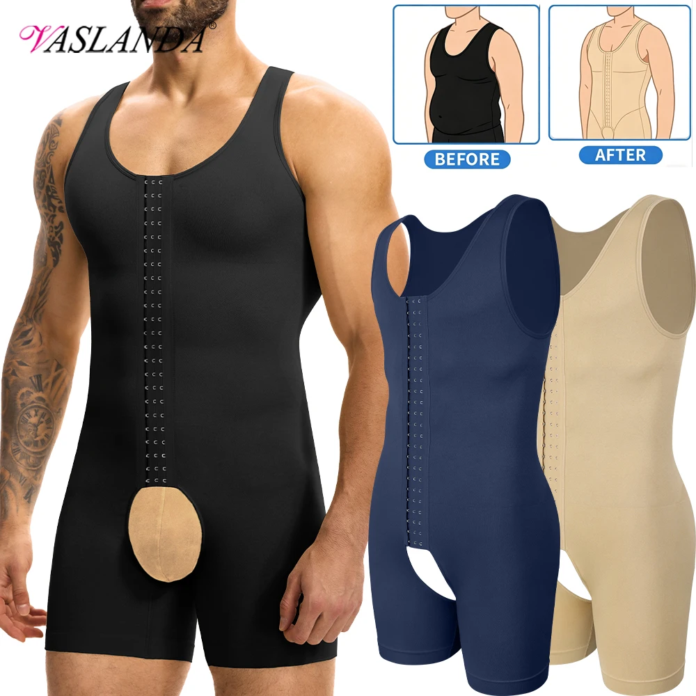 남성용 압박 보정 속옷, 복부 컨트롤 풀 바디 쉐이퍼 슬리밍 바디수트, 수술 후 회복을 위한 오픈 크로치 디자인