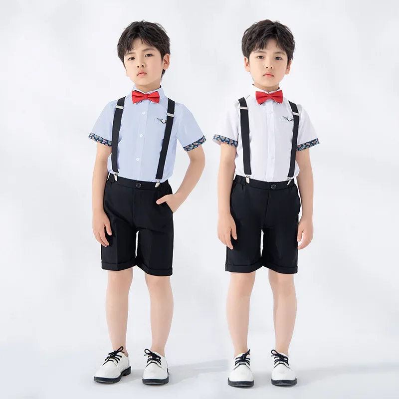 

Children's Summer Short Sleeve Strap Pants Set for Boys Hosting Chorus Performance Clothing for Children's Photography Clothing