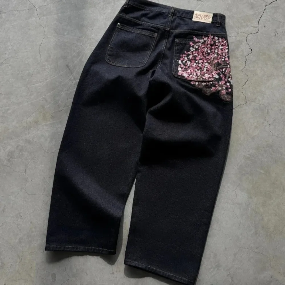 Y2K Retro Casual Straight-Wide Leg JeansStreet Style Gothic Hip-Hop Punk Fashion with Koi and Cherry Blossom EmbroideryUnisex 5