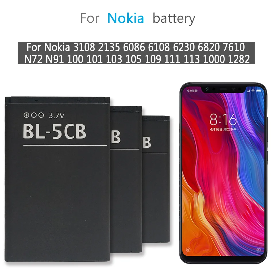 Bl-5Cb 800Mah Batteria Per Nokia 3108 2135 6086 6108 6230 6820 7610 N72 N91 100 101 103 105 109 111 113 1000 1282 Telefono Cellulare