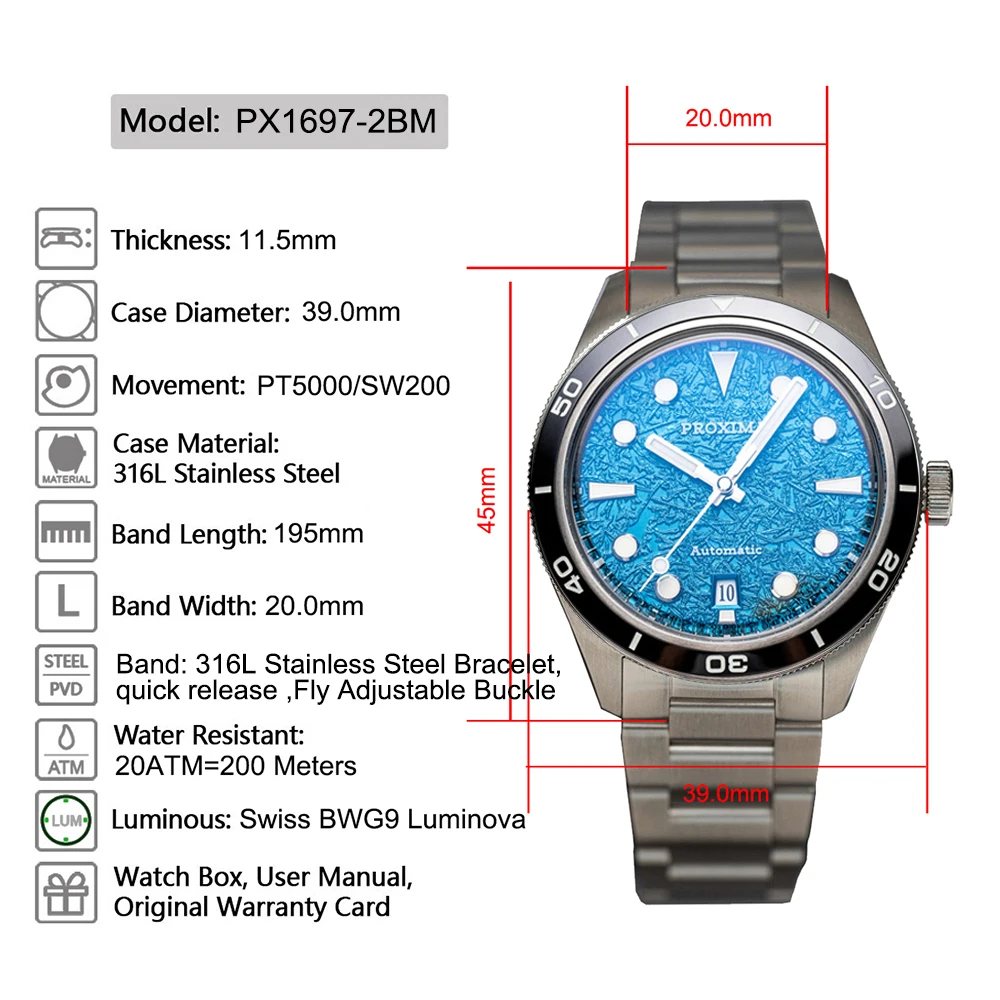 Proxima PX1697-2BN 39mm Men Watch Ice Flower Texture Dial Bubble