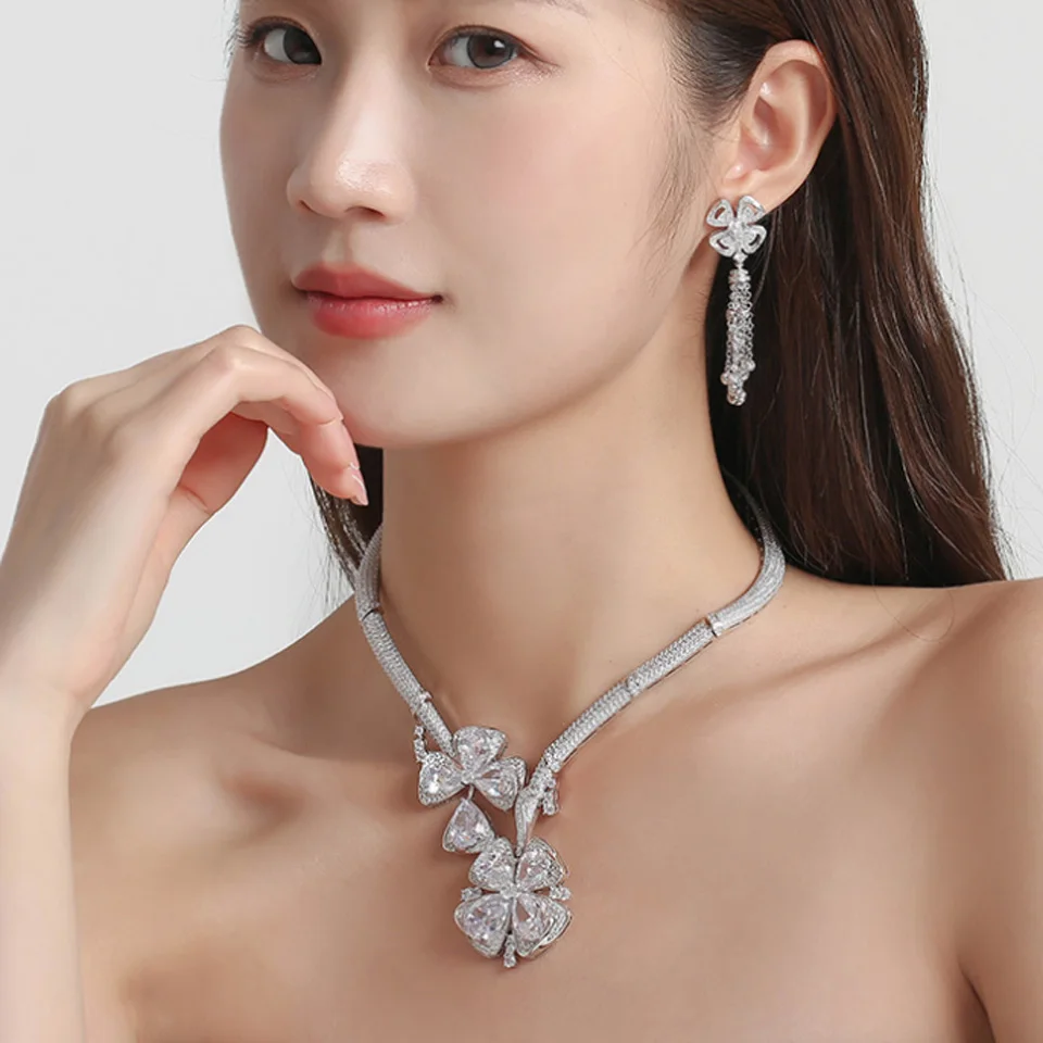 

Zlxgirl Classic Four Water drop Cubic Wedding necklace And earring jewelry set of women's bridal gift fine Christmas neclace