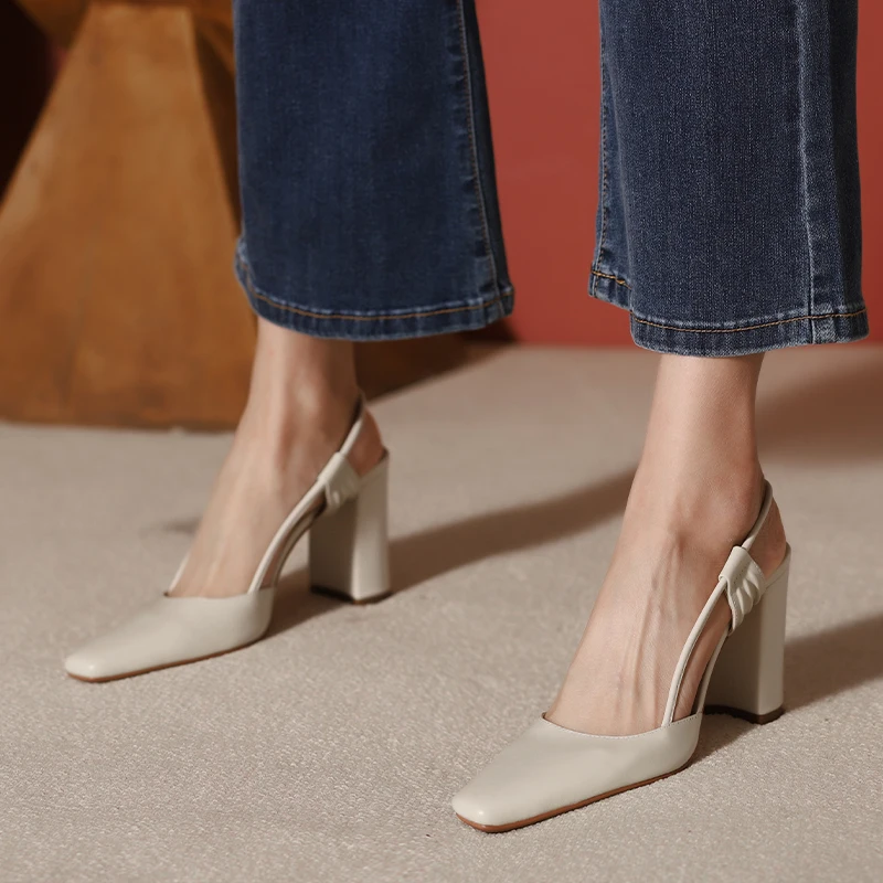 Pumps Slingback Mary Jane Shoes Retro Style High Heel Elegant Women Sandal Square Toe Spring Atumn Cow Leather talon femme