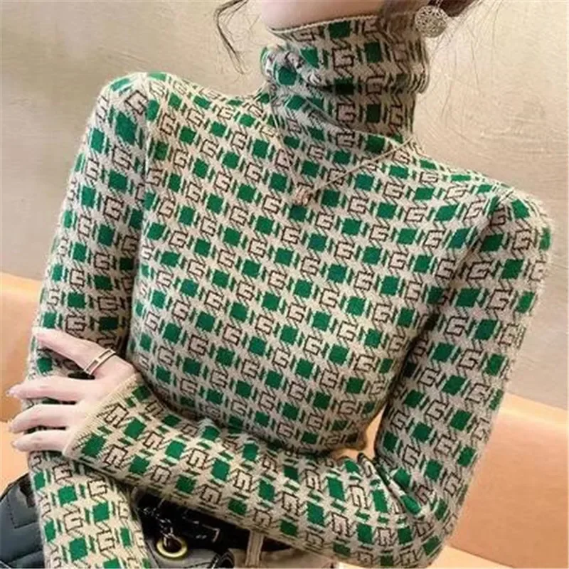 

Commute Casual Turtleneck Fashion 2023 Autumn Winter Pullovers Elegant Chic Asymmetrical Printed Long Sleeve Slim Warm T-shirt