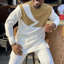 

Muslim Men's African Ethnic Print Contrast Color Fashion Shirts Autumn Spring Work Business Dubai Long Sleeve New 2022 Tops