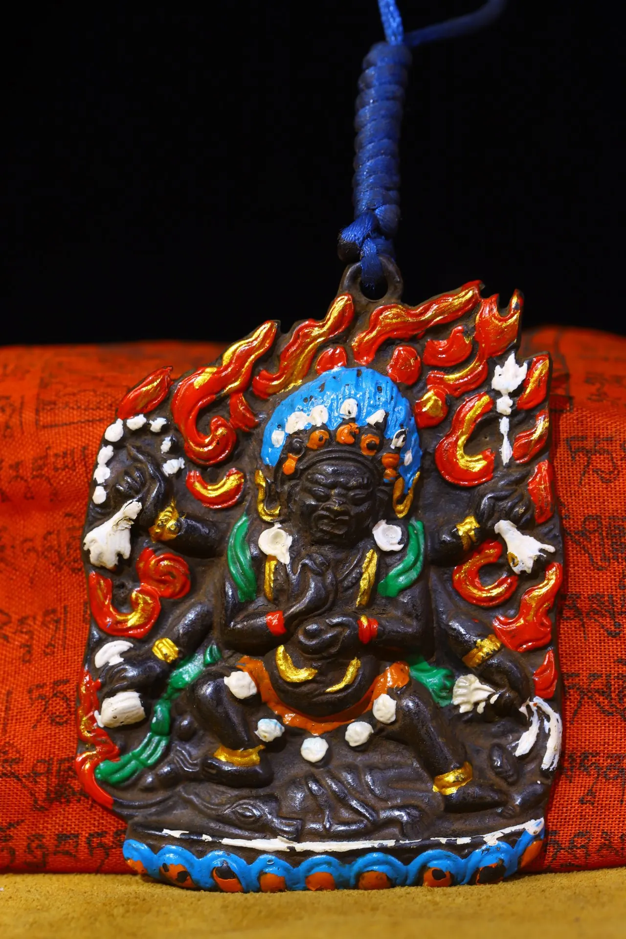 

4"Tibetan Temple Collection Old Bronze Cinnabar Painted Six armed Mahakala Buddha Card Amulet Pendant Town house Exorcism