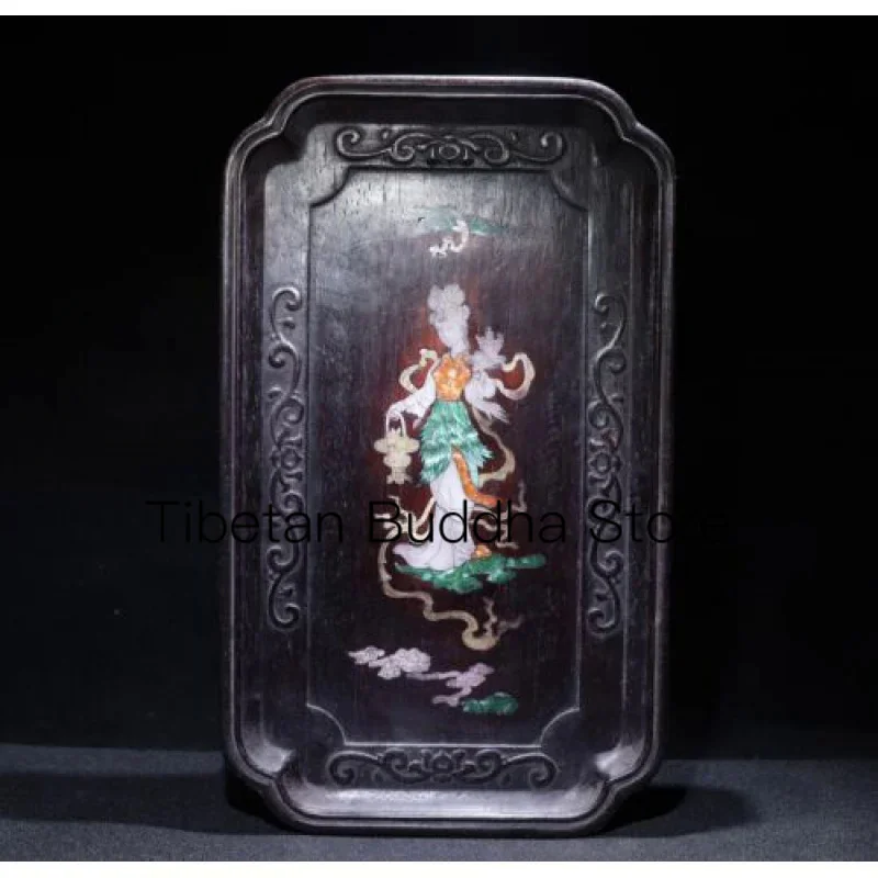 

33cm Chinese Ebony Natural Old Wood Carving Beautiful Female Pattern Tea Tray