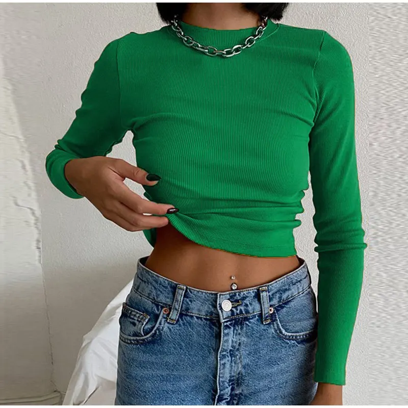 Women Retro Green Orange O Neck Thread Splicing Long Sleeve T-Shirts Female Spring Summer Simple Basic Solid Skinny Cropped Tops black t shirt for men