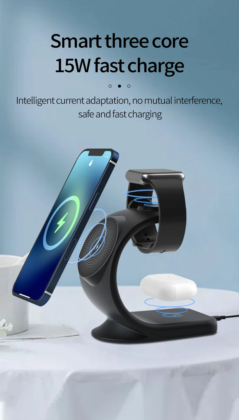 15W Fast Wireless Charger 3 In 1 Magnetic Wireless Charging Cell Phone Holder Multi function Wireless Charger for Iphone Iwatch