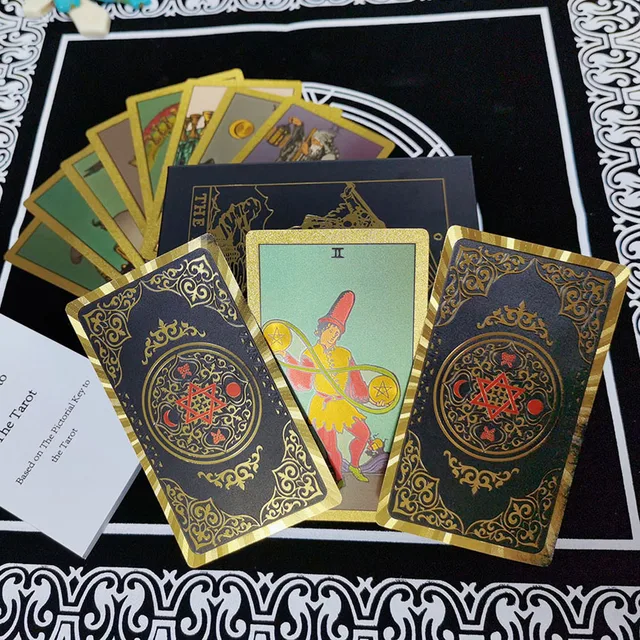 Set Tarot Cards Gift Box Luxury Gold Foil Tarot Card Hot Stamping PVC Waterproof Wear-resistant Board Game Solitaire Divination Six star Golden