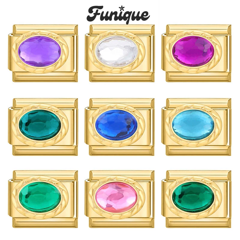 FUNIQUE Creative Colored Gemstone Italian Charm Links Fit 9mm Bracelet Stainless Steel DIY Jewelry Making Wholesale