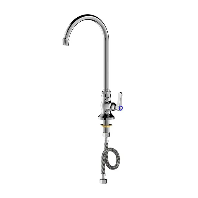 ก๊อกน้ําติดดาดฟ้าอุณหภูมิเดียวเชิงพาณิชย์พร้อมหัวฉีดสวิงและคอห่านหมุนสําหรับอ่างล้างจาน - โครงสร้างทองเหลืองทนทาน 2