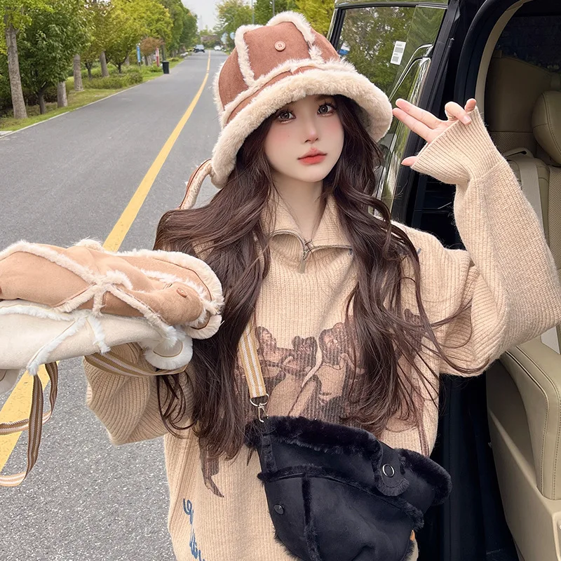 

Autumn and Winter New Warm Thick Suede Plush Female Personality Crossbody -Lined Korean Style Fashion Fleece Hat