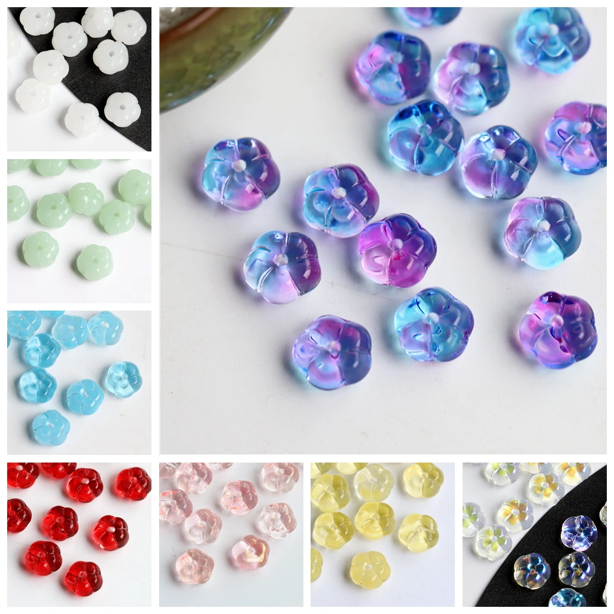 10pcs 9.5mm Flat Round Flower Pumpkin Shape Crystal Lampwork Glass Loose Beads for Jewelry Making
