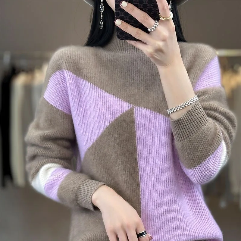 

New Autumn/Winter Fashion Korean Edition Lazy Style Colored Half High Neck Loose Versatile Western Women's Long Sleeve Sweater
