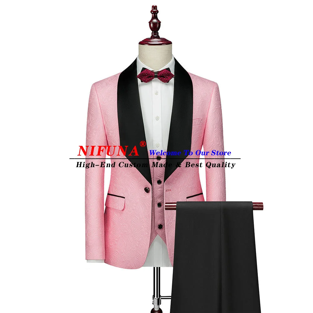 

Luxury Wedding Suits For Men Jacquard With Black Satin Collar Tuxedo 3 Pcs Party Prom Male Suit Jacket+Vest+Pants Costume Homme