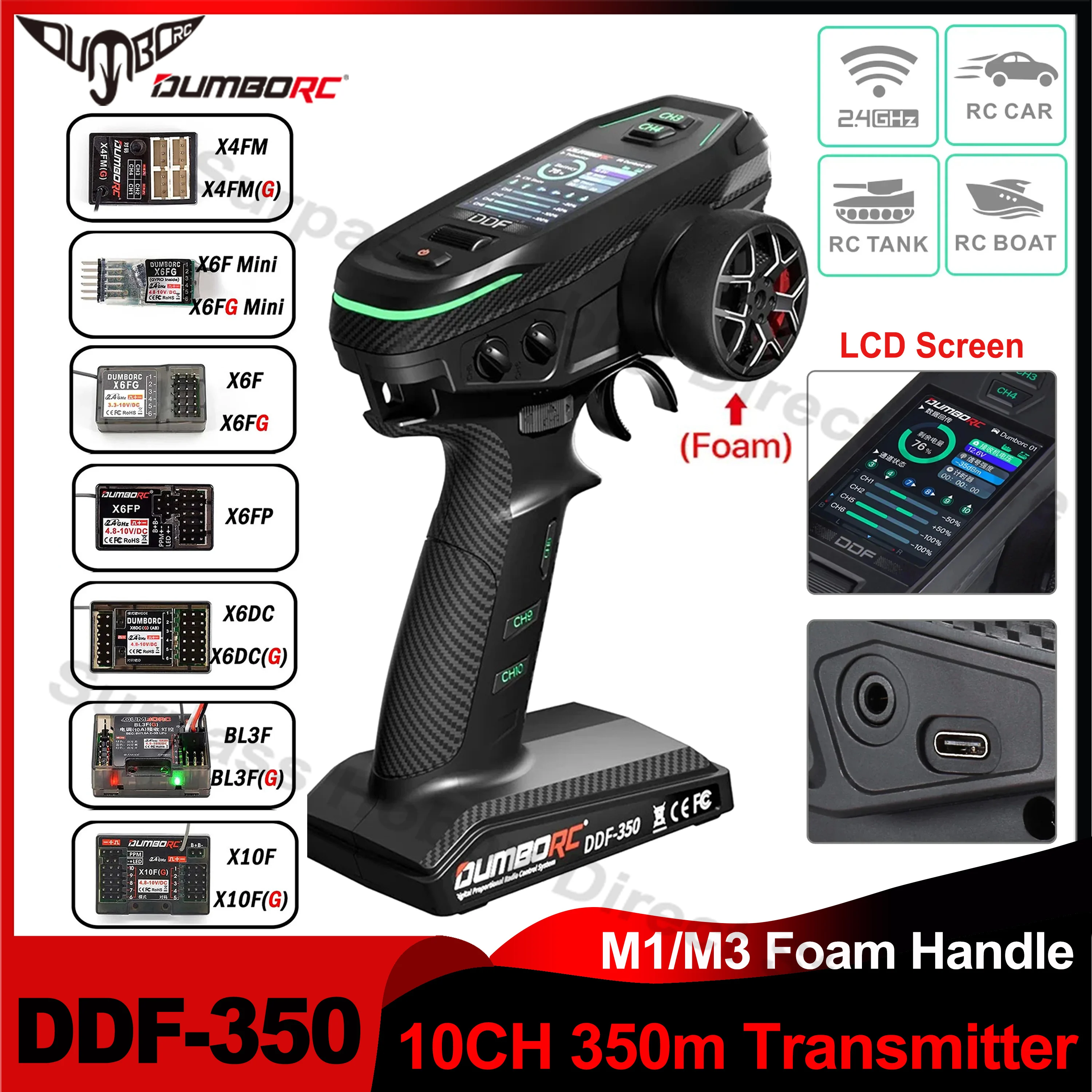 

DUMBORC DDF-350 10 Channel Remote Controller LCD Screen 2.4G Transmitter with Receiver 4/6/10CH Gyro for RC Car Boat Robot