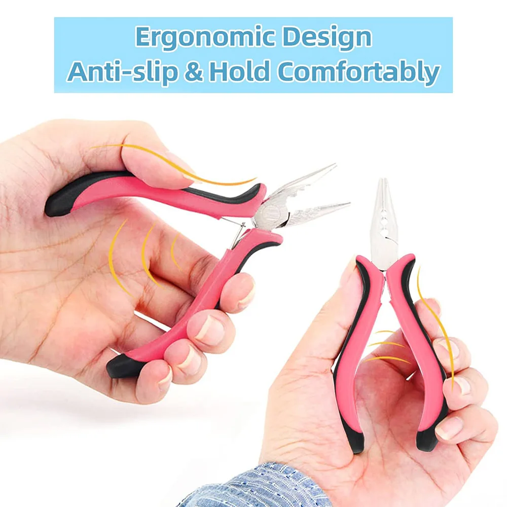 3 Holes Mini Hair Extensions Plier For Feather/Micro Nano Ring Hair Extensions Opener and Removal Tool Pink Straight Nose Pliers