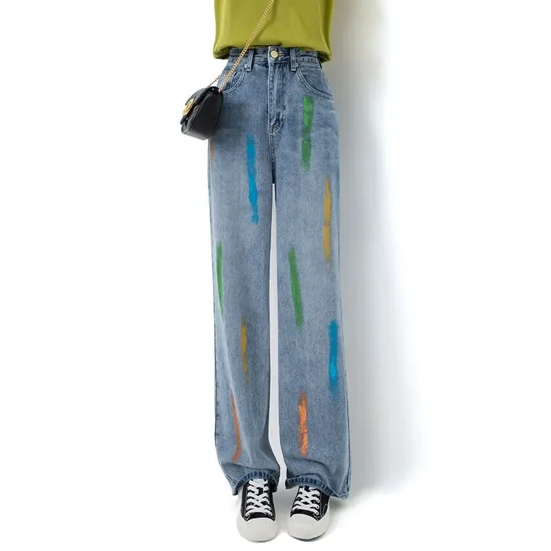 

Female Denim Pants with Pockets High Waist Shot Blue Painted Straight Leg Women's Jeans Trousers Vibrant 2023 Fashion 2000s Y2k