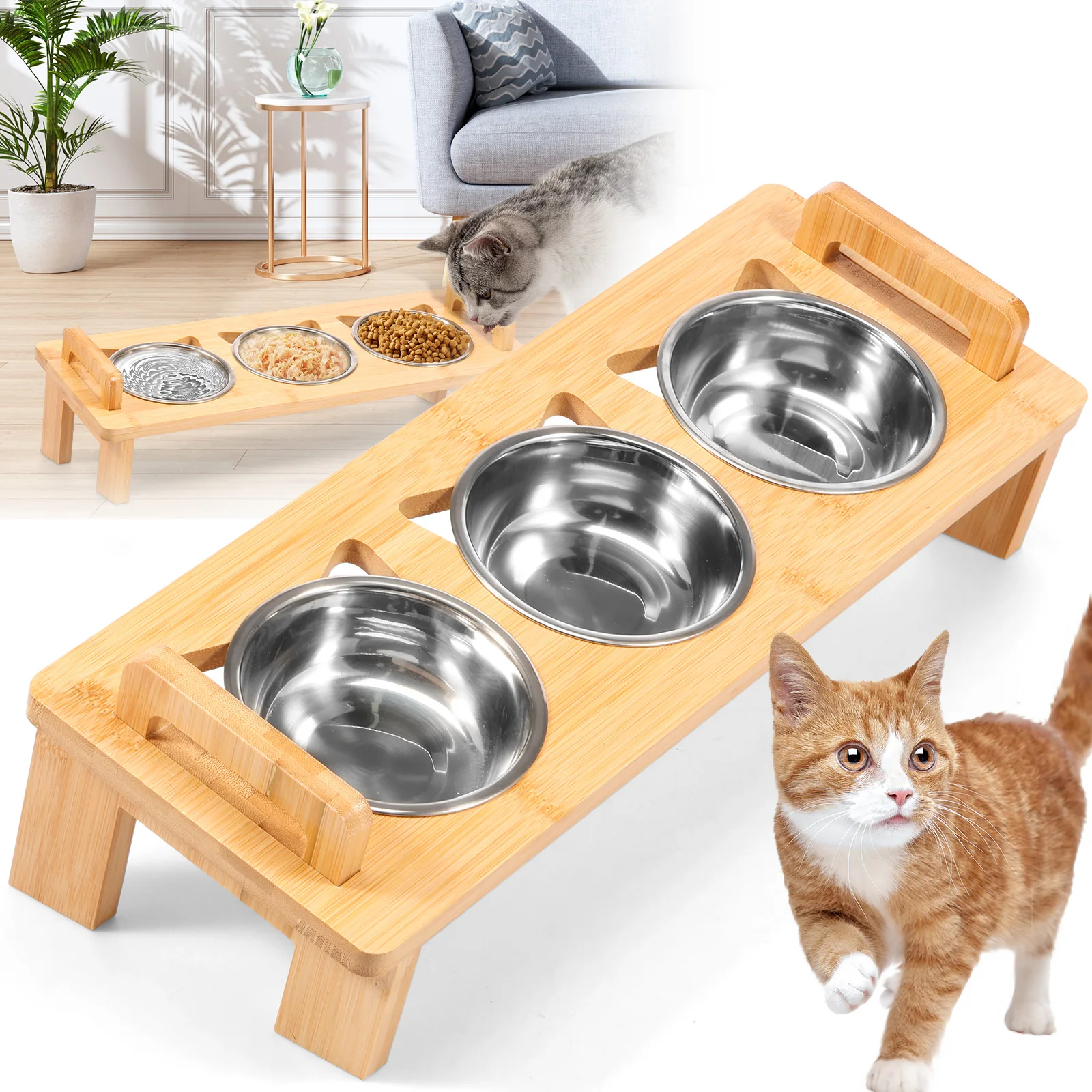 Stainless Steel Elevated Cat feeder Bowl Stand with 3 Dishes Feeder for Dry Wet Food Water AntiSlip Double Handl Cat accessories Stainless Steel Elevated Cat feeder Bowl Stand with 3 Dishes Feeder for Dry Wet Food Water AntiSlip Double Handl Cat accessories