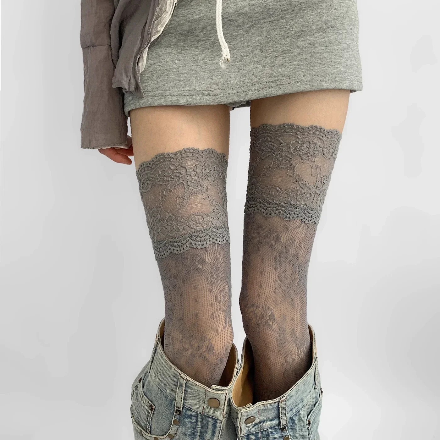 2025 Women Flower Lace Fishnet Thigh High Stockings Japanese Style JK Girl Sweet Lace Trim Frilly Over Knee Long Socks