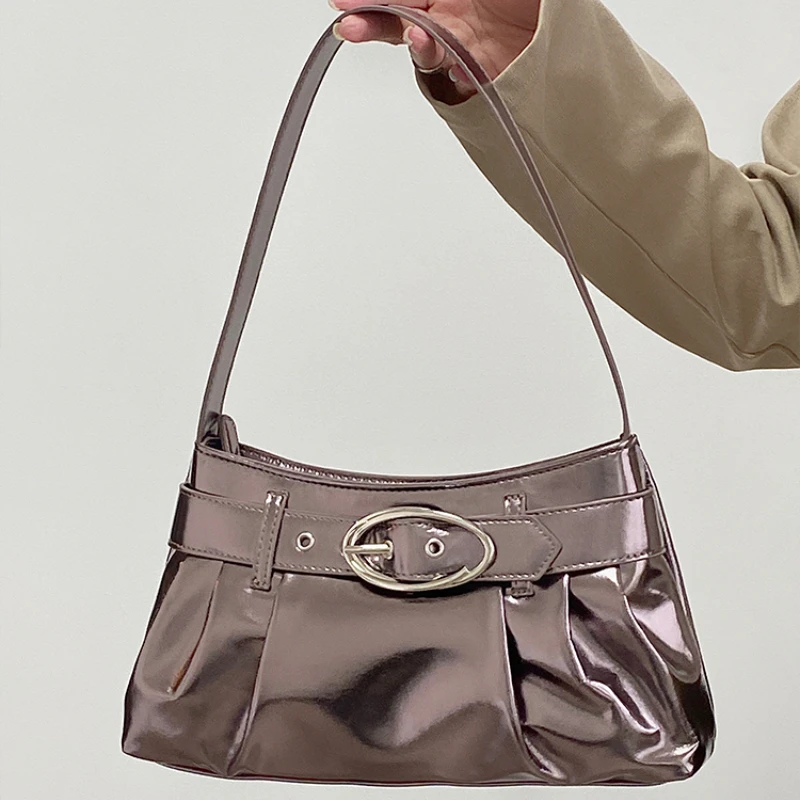 

Fashion Ruched Women's Shoulder Bag Y2k Hot Girls Underarm Bags Patent Leather Design Ladies Tote Purses Handbags with Zipper